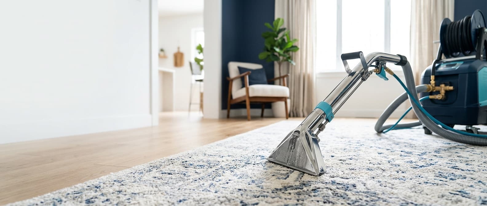 Steam cleaning wand extracting dirt from a patterned rug in a bright living room